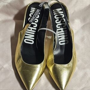 MOSCHINO Women’s Slingback Leather Kitten Heel Pump Gold Size 8 (38)NEW